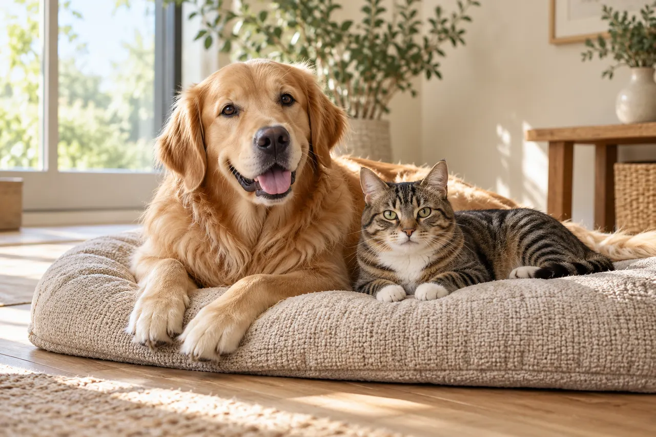 Illustration of a golden retriever and a tabby cat relaxing together in a sunny home